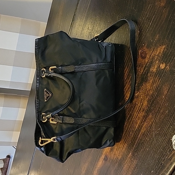 prada nylon tote bag with leather trim